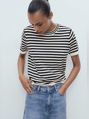 Mango Navy striped short-sleeved sweater NWT